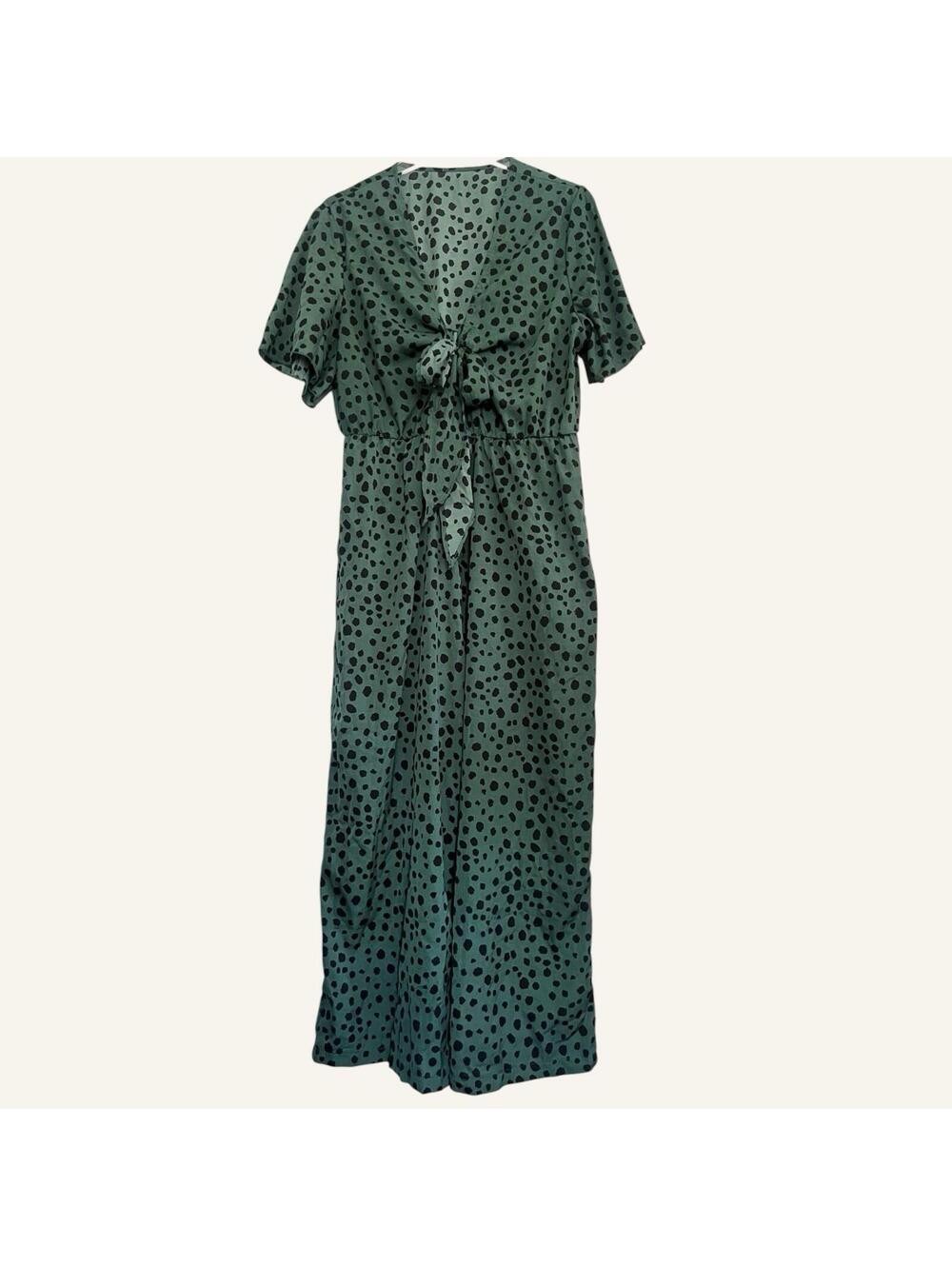 Boho Green Black Polka Dot Jumpsuit XL Plus Size Short Sleeve Tie Front Wide leg